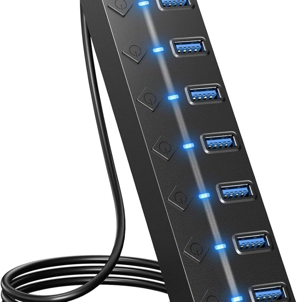 USB Hub 3.0, 7-Port USB Hub Splitter with Individual On/Off Switches and Lights,
